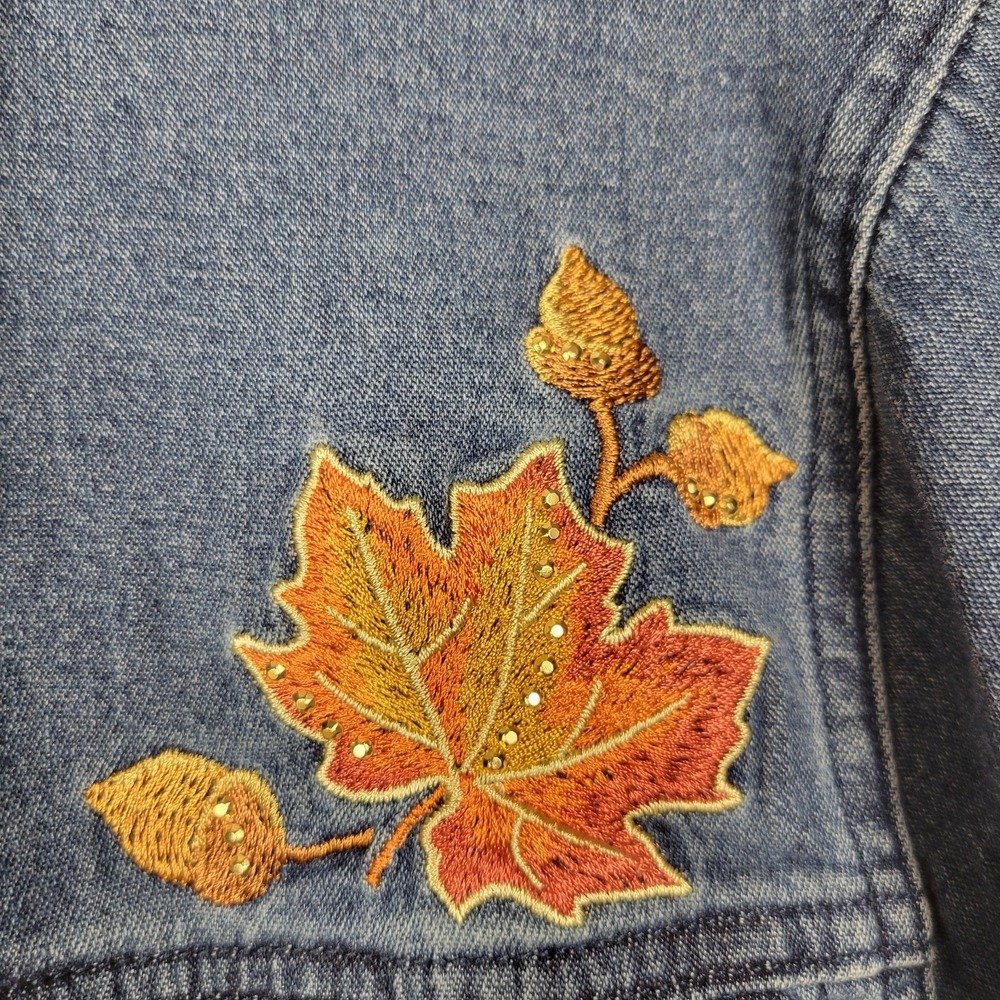 Quacker Factory Lightweight Denim Jacket Women's L Leaf Embroidery Sparkle - Picture 6 of 14